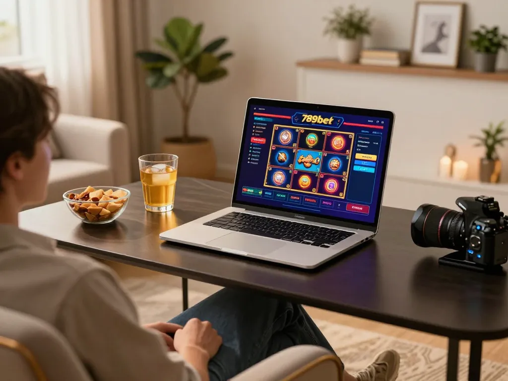 A person engages in online gaming at 789bet, highlighting a relaxed home setting with vibrant casino interface, snacks, and cozy decor.