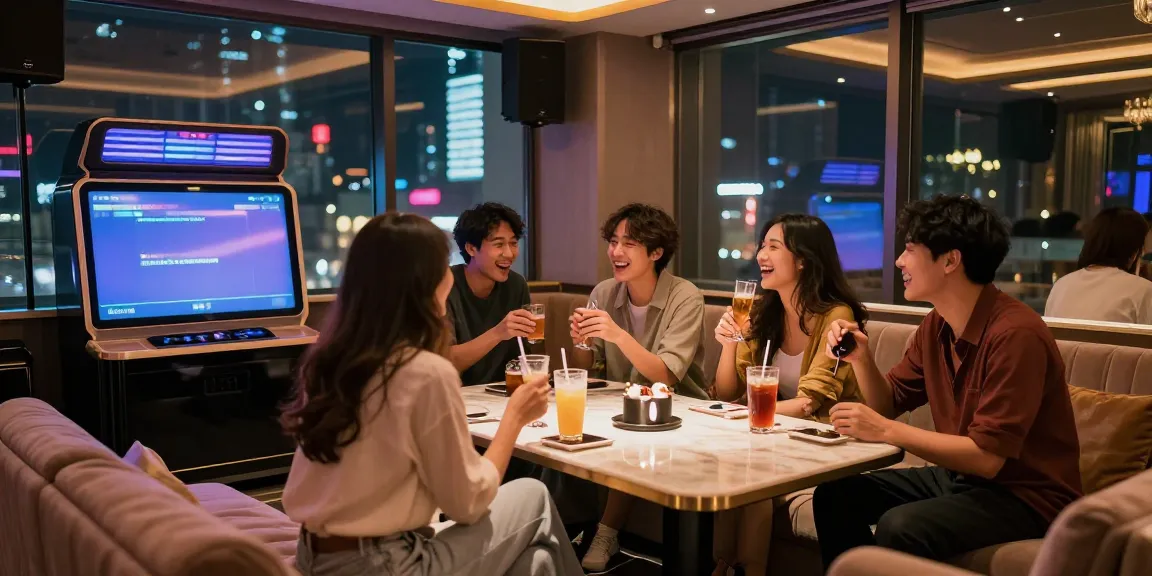 강남달토의 고급스러운 카라오케 라운지 내부 모습과 친구들이 즐거운 시간을 보내는 장면입니다.