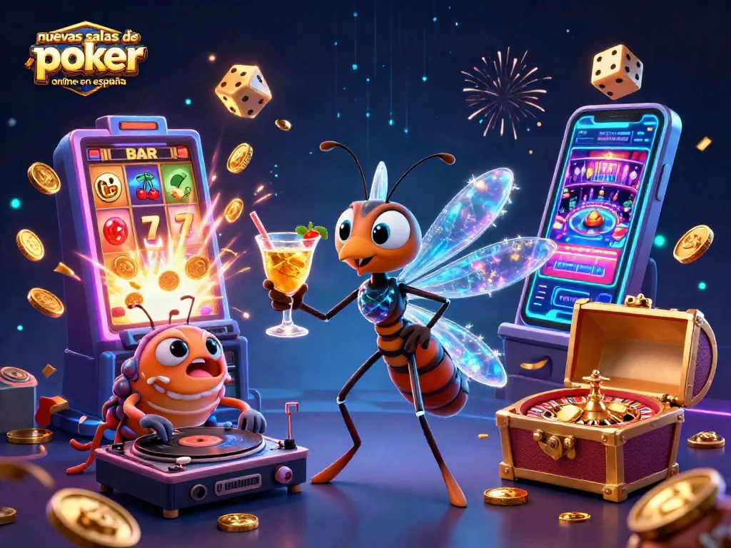 Ilustración 3D de nuevas salas de póker online en España con personajes diversos y elementos de casino vibrantes.