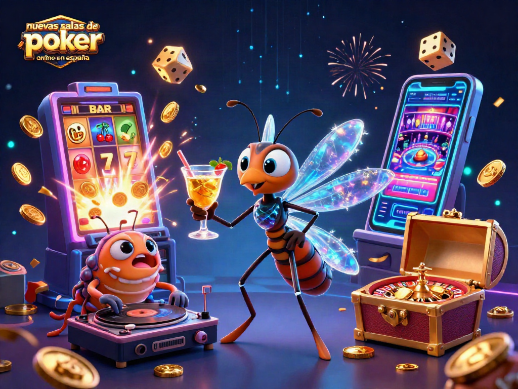 Ilustración 3D de nuevas salas de póker online en España con personajes diversos y elementos de casino vibrantes.