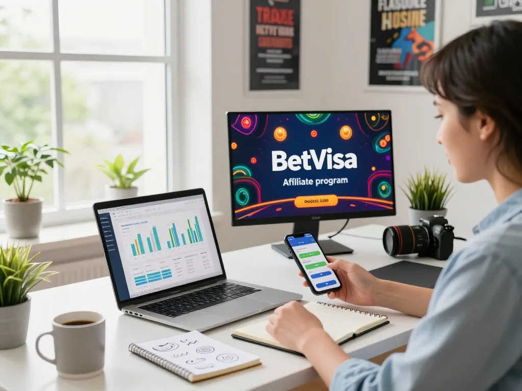 Engaged marketer promoting BetVisa affiliate program in a vibrant home office workspace.