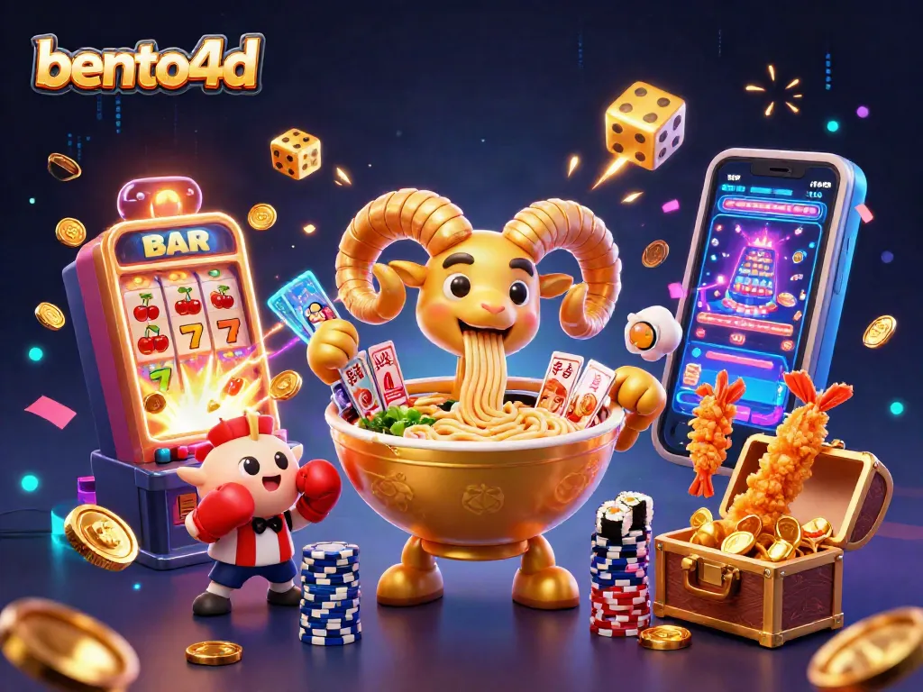 Bento4D showcases vibrant characters like a ramen bowl dealer and energetic casino elements.
