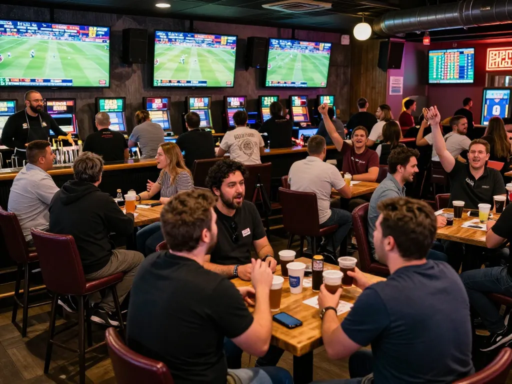 Kèo nhà cái sports betting bar with fans cheering and displaying live odds on screens