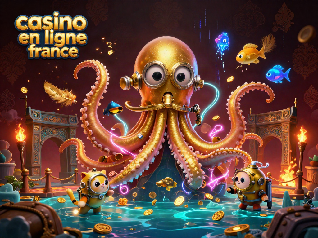 Jouez à casino en ligne France avec un kraken et un chat plongeur dans une scène animée sous-marine.