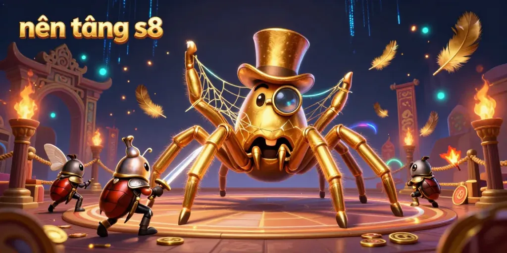 Experience the thrilling world of nền tảng s8 with a golden tarantula weaving a web in a dynamic casino scene.