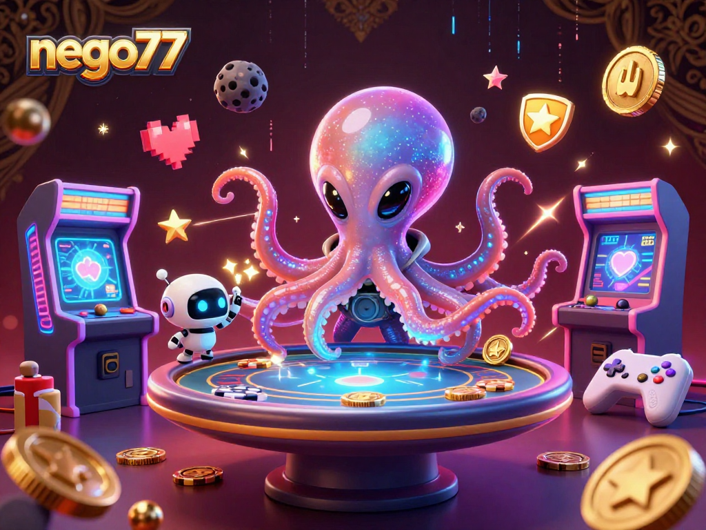Experience thrilling fun with nego77 through this colorful alien-themed 3D poker scene.