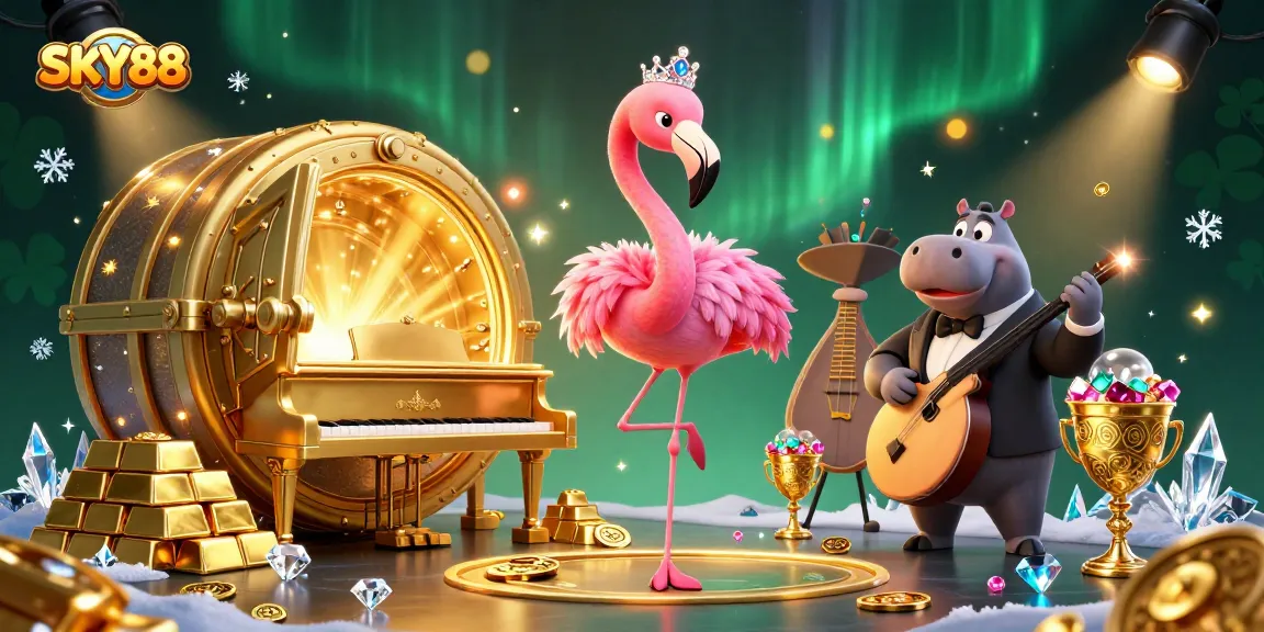 Experience the fun at SKY88 with a vibrant casino scene featuring a flamingo singer and gold treasures.