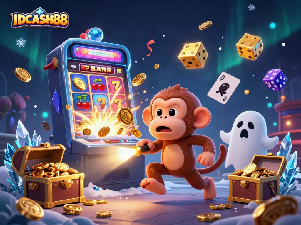 Experience the excitement of IDCASH88 as a playful poltergeist monkey juggles gold in a haunted casino scene.