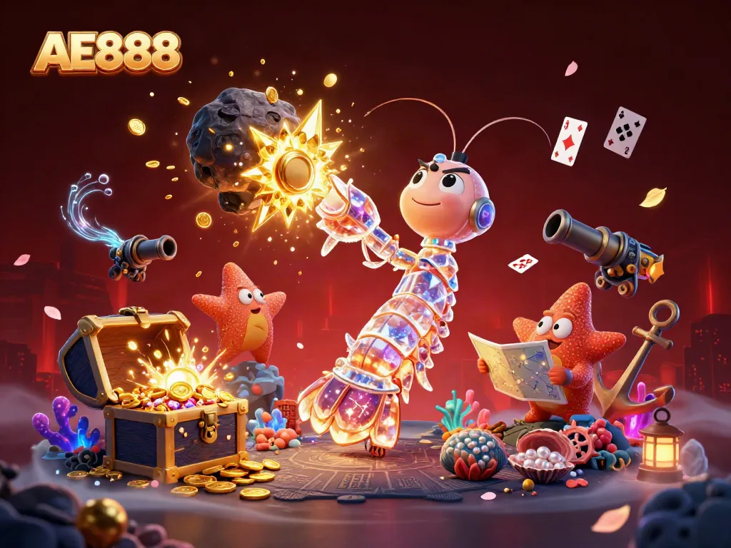 Engage with AE888 in a vibrant underwater scene with galactic samurai shrimp unleashing treasures.