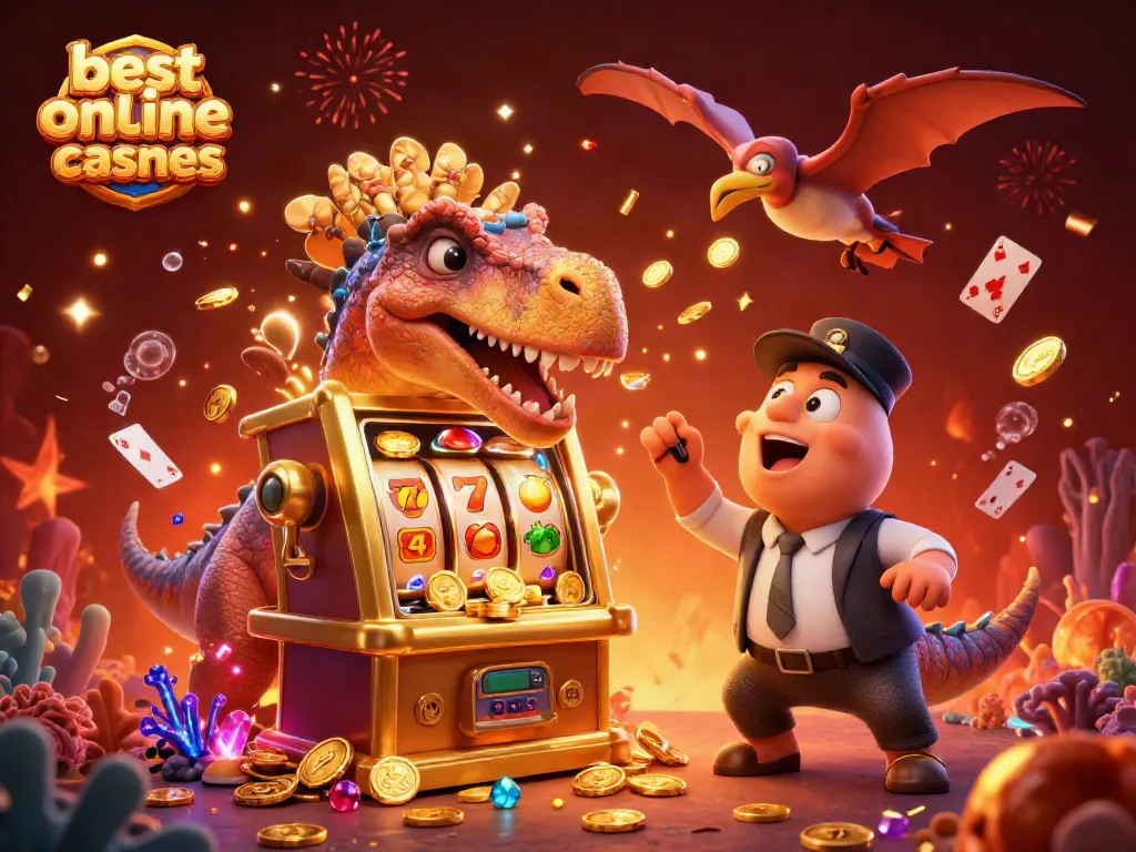 Witness the excitement of the best online casino games with a dinosaur headbutting a slot machine!