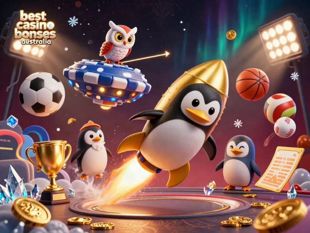Experience the best casino bonuses Australia with our golden penguin soaring to a poker chip casino.