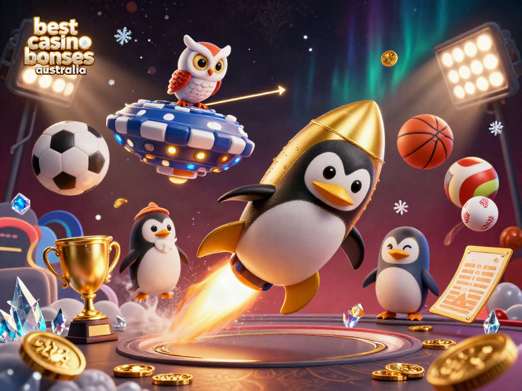 Experience the best casino bonuses Australia with our golden penguin soaring to a poker chip casino.