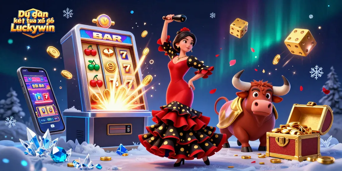 Dự đoán kết quả xổ số Luckywin showcases vibrant casino scene with flamenco dancer and lucky symbols.