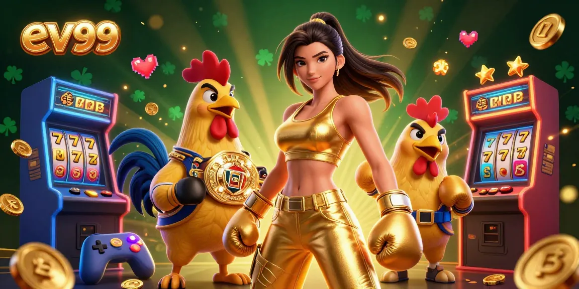 Experience winning at ev99 with an exciting 3D casino scene featuring a powerful athlete and a championship rooster.