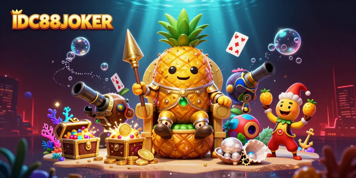 Experience thrilling adventures with IDC88JOKER in this vibrant 3D scene featuring a cartoon pineapple king, cannon, and treasure.