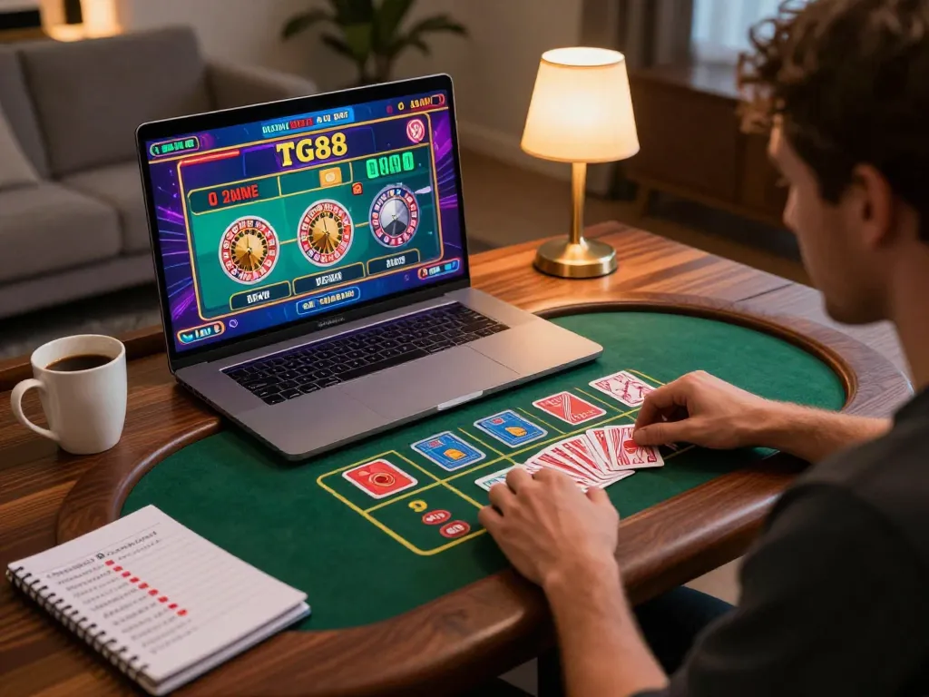 Player enjoying TG88-themed online casino games on laptop in a cozy home setting