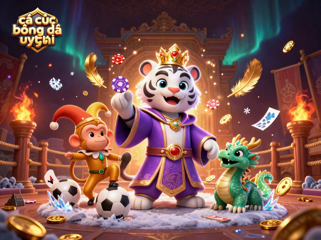 Cá cược bóng đá uy tín với hình ảnh hoành tráng của cọp trắng và khỉ vàng giữa những đồng xu vàng và giải thưởng thể thao.