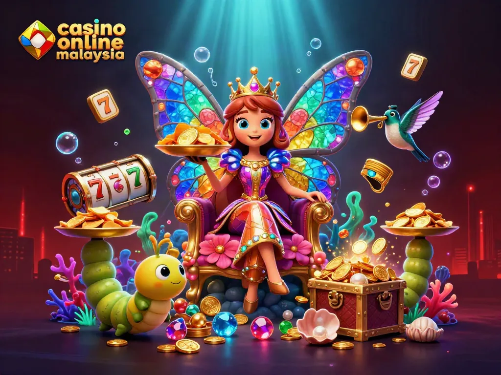 Experience the vibrant action at casino online malaysia with a butterfly queen amid gems, slots, and treasure.