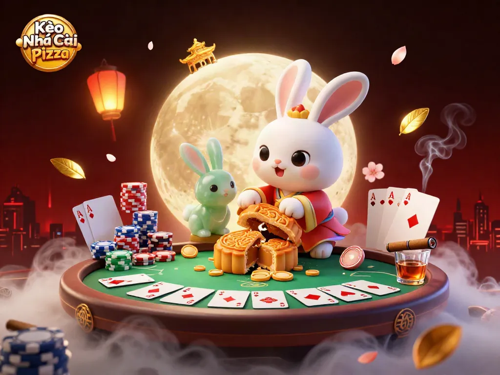 Kèo Nhà Cái Pizza showcases a moon rabbit revealing poker chips, surrounded by vibrant casino elements.