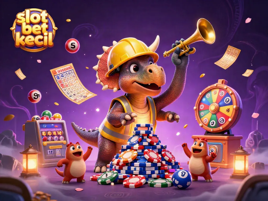 Visualisasi slot bet kecil dengan karakter kartun yang meriah dan elemen dekoratif kasino.