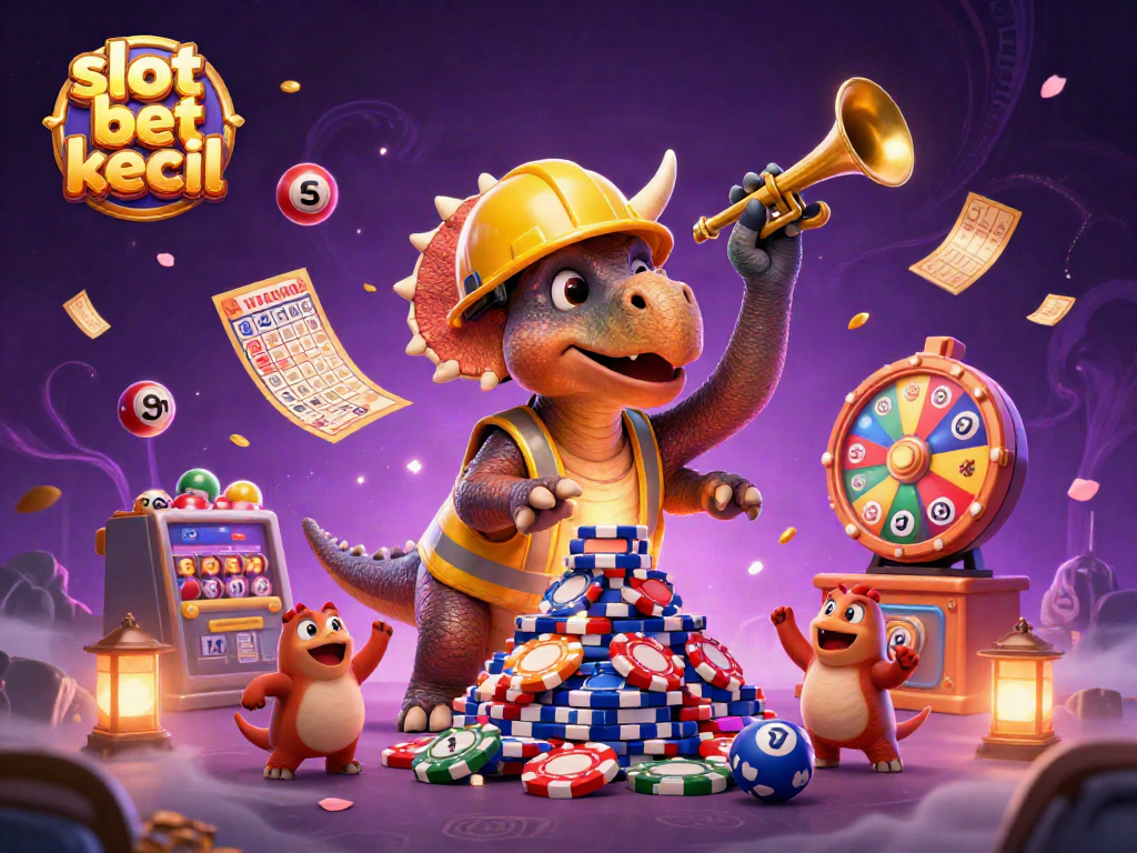 Visualisasi slot bet kecil dengan karakter kartun yang meriah dan elemen dekoratif kasino.