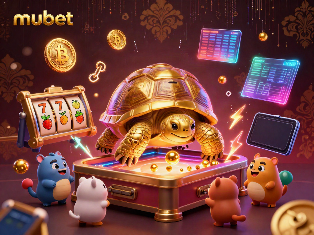 Experience the excitement of mubet with a colossal tortoise pinball machine surrounded by vibrant casino elements.
