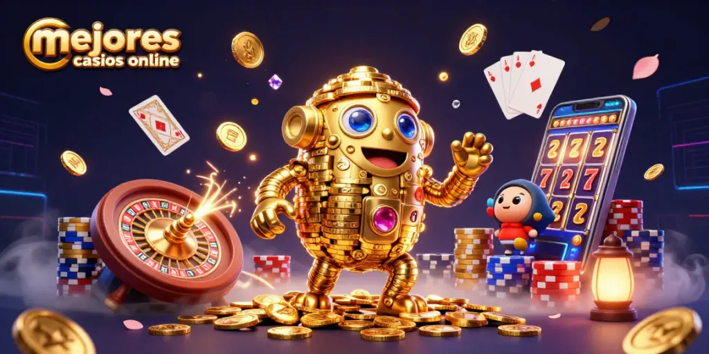 Disfruta de los mejores casinos online con un golem dorado interactuando con símbolos de tragamonedas y fichas de póker.