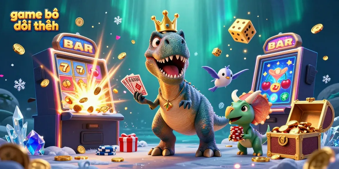Experience game bài đổi thưởng with creatures shuffling cards, stacking chips, and a burst of coins around them.