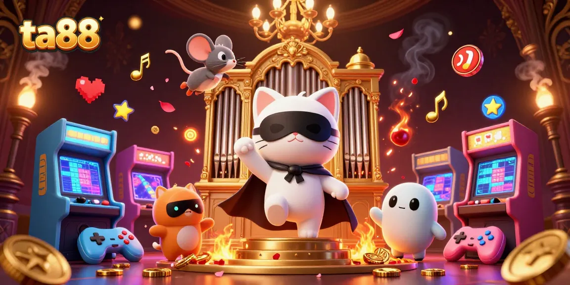 Engage in the lively world of ta88 at a casino, featuring an acrobatic mouse and a phantom cat.