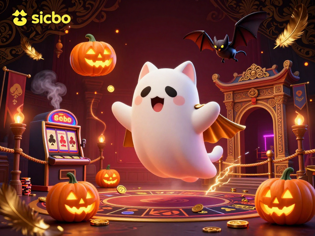 Experience the excitement of sicbo in a vibrant haunted casino scene featuring a ghost cat and vampire bat.