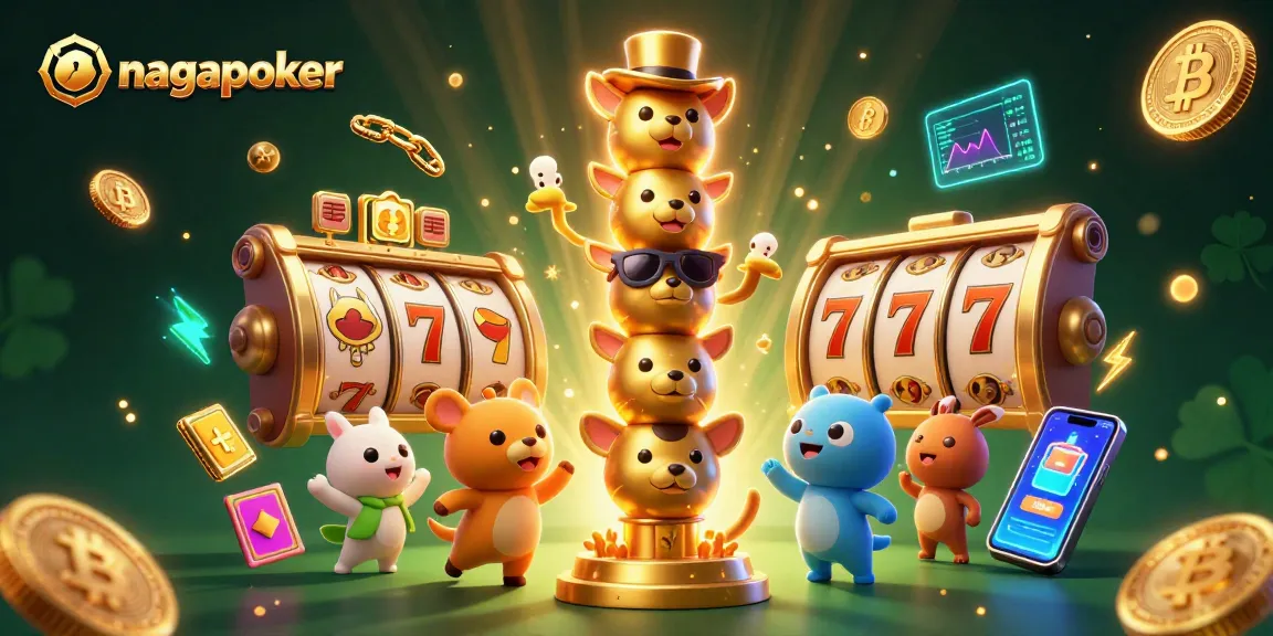 Play thrilling slots with nagapoker's vibrant scene featuring animated characters and glowing jackpot elements.