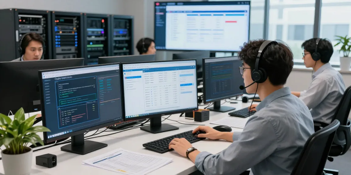 Cyber Essentials compliance in a cybersecurity operations center with professionals monitoring systems and progress.