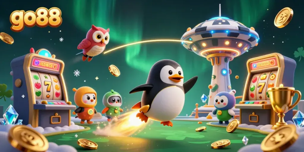 Experience the thrilling go88 casino adventure with a golden penguin and spinning slot machines.