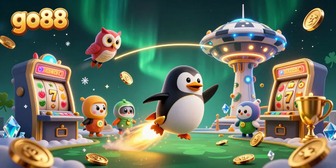 Experience the thrilling go88 casino adventure with a golden penguin and spinning slot machines.