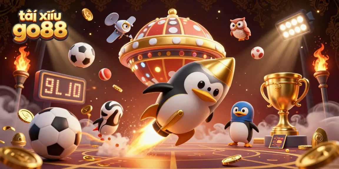 Tài xỉu go88 showcases dynamic gaming action with a vibrant penguin rocket, sports elements, and a casino backdrop