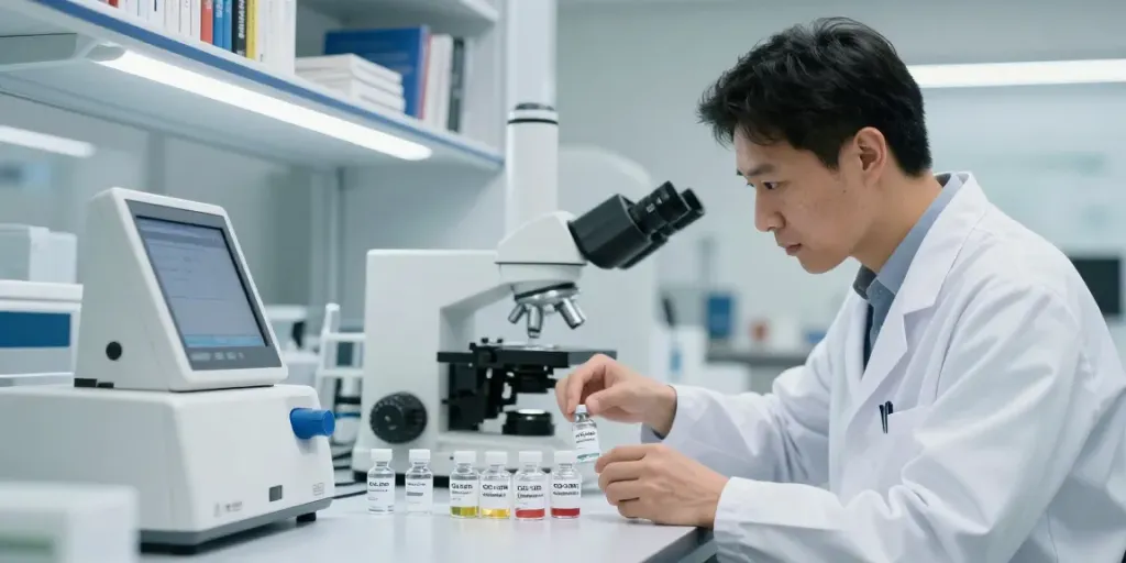 CJC-1295 + Ipamorelin peptide research analysis in a professional laboratory setting.