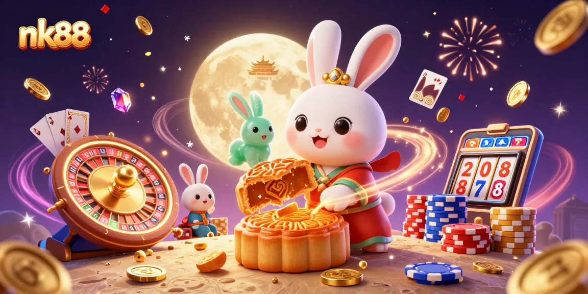 Spin to win with nk88 in this enchanting casino-themed lunar scene featuring a moon rabbit.