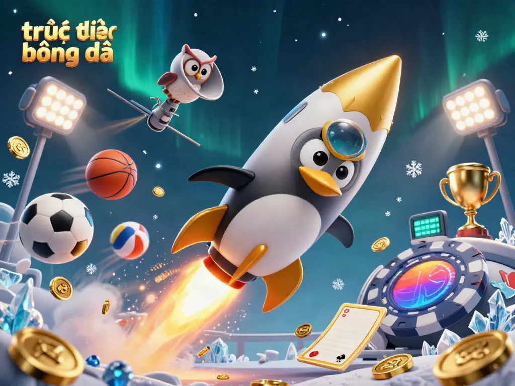 Experience trực tiếp bóng đá with the golden penguin soaring towards a vibrant casino space station.