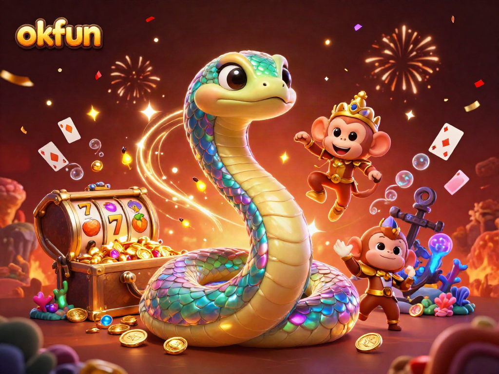 Spin slot reels with okfun, as a snake and monkey king celebrate wins in a colorful casino world.