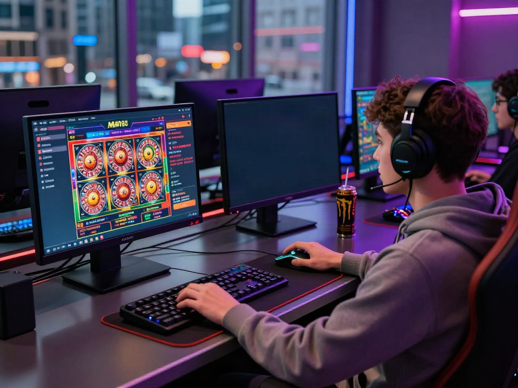 Young adult gaming on Man88 platform with vibrant screens and city view.