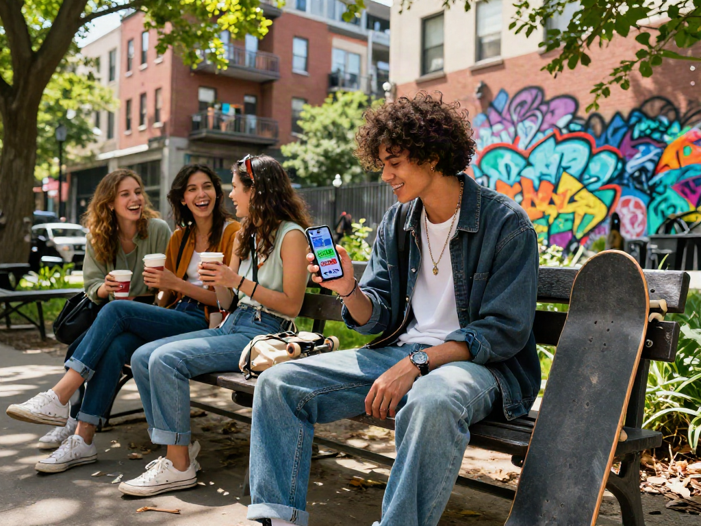 Your stylish friend enjoying the rokok88 app in a vibrant urban setting, showcasing the modern lifestyle.