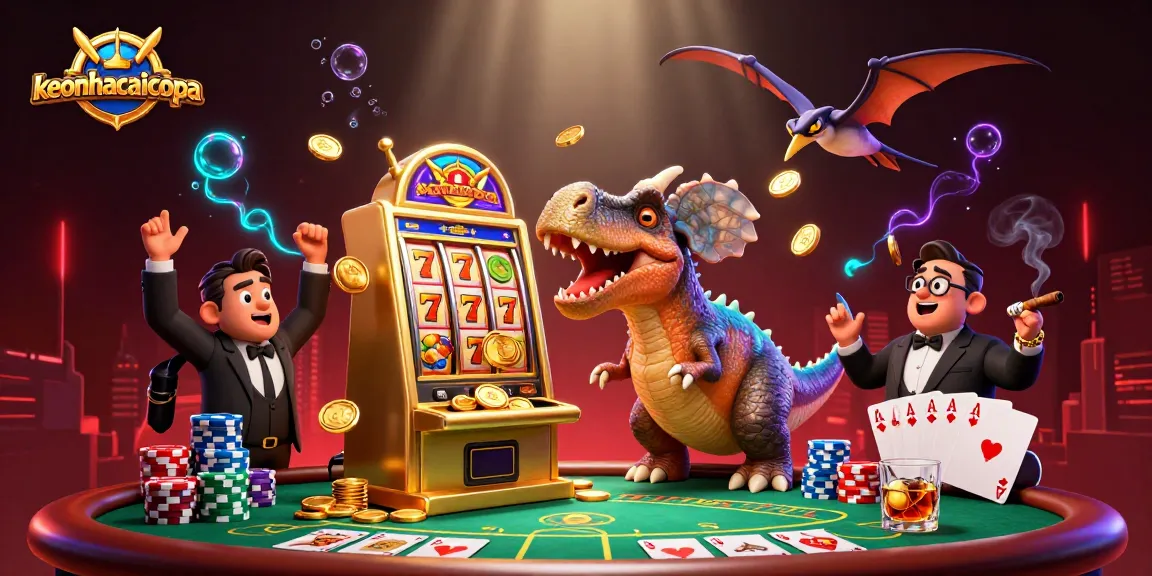 Catch golden coins with keonhacaicopa as a dinosaur wins jackpots at a vibrant casino.