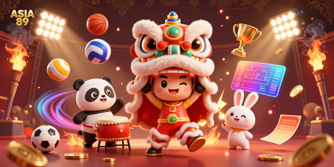 Join the vibrant action at ASIA 89 with a lively lion dance performance in this festive casino illustration.