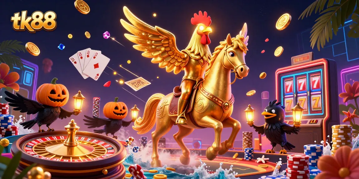 Experience thrilling moments at tk88 with a lively casino scene featuring a golden rooster and vibrant game elements.
