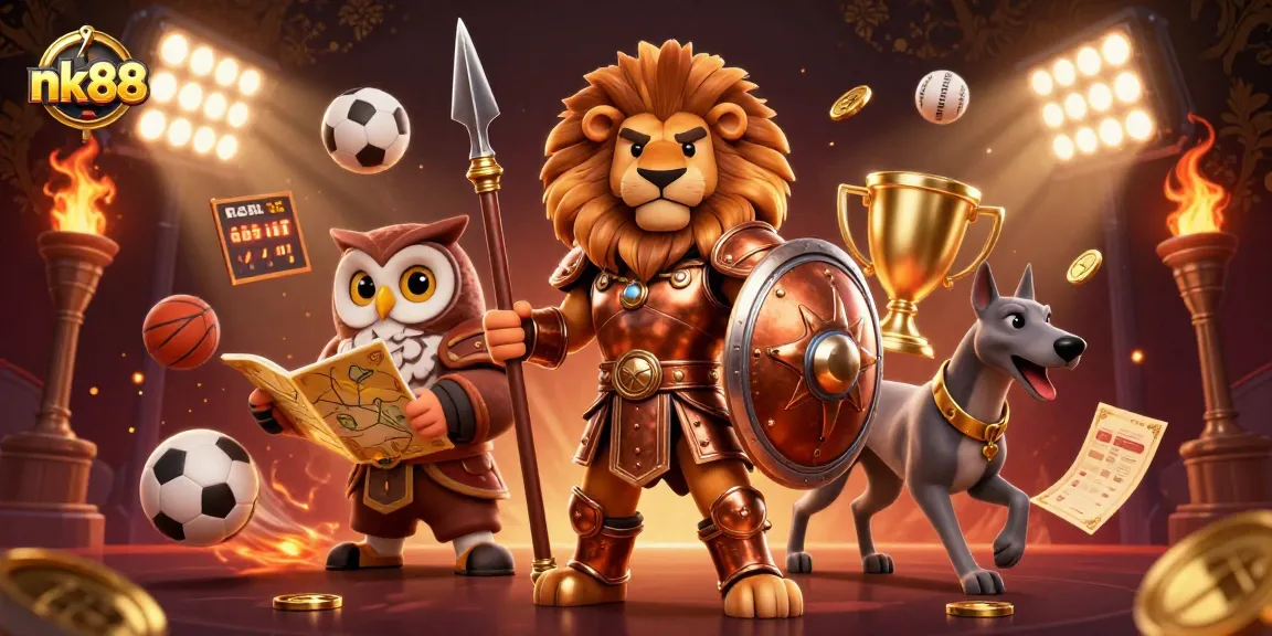 Engage with nk88's thrilling casino experience amidst lively sports elements and strategic characters.