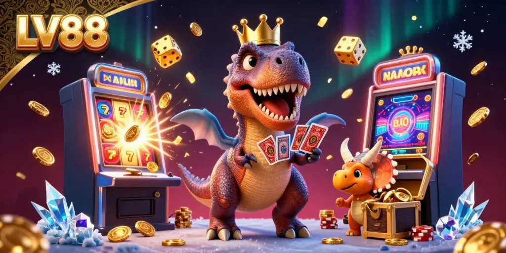 Experience LV88's thrilling casino world with animated characters enjoying card games and jackpots.