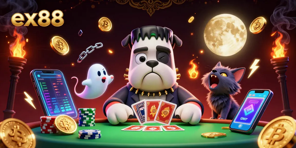 Bet on ex88 with the entertaining Frankenstein bulldog monster and werewolf kitten at a spooky casino table.