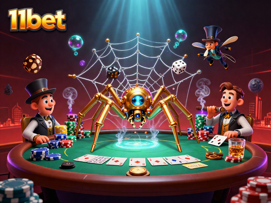 Experience thrilling action at 11bet with an engaging casino scene featuring a steampunk spider.