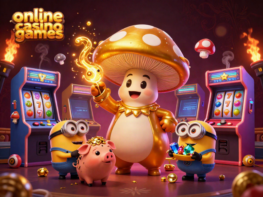 Experience vibrant online casino games with a golden wizard, pig, and minions in a magical scene.