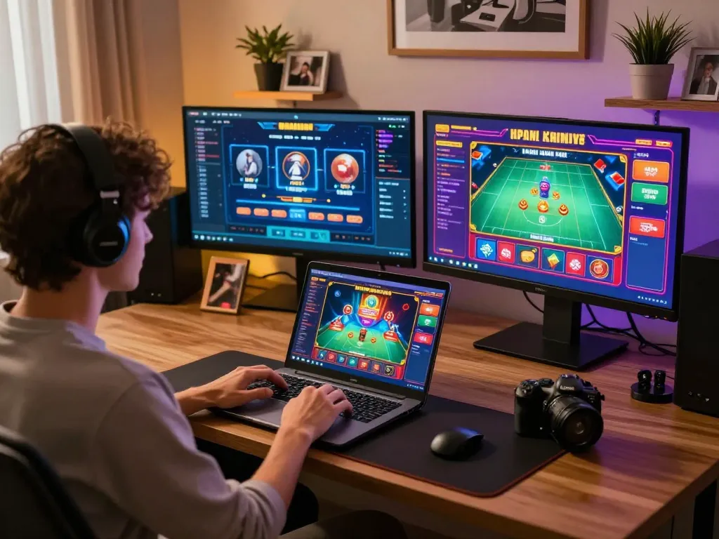Player engaged in online casino reflecting nhacaiuytinn with multiple game interfaces displayed on a laptop